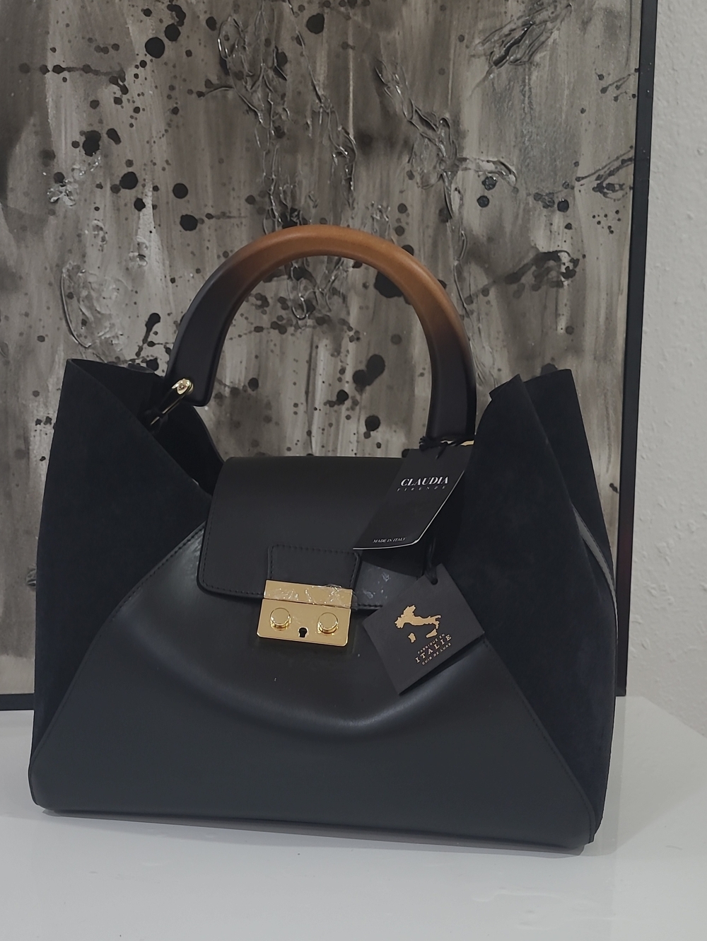 Claudia Black Leather & Suede Satchel with Ombre Handle